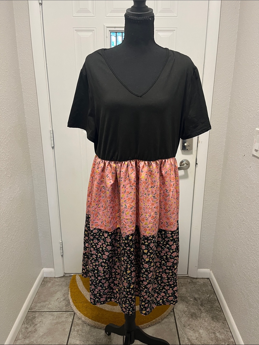 SHEIN Curve Black V-Neck Colorblock Midi Dress with Pink and Floral Skirt